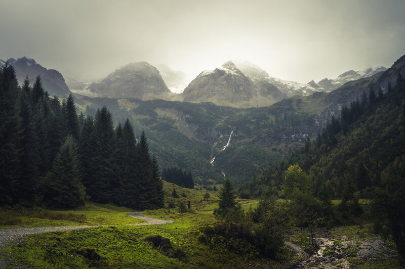 Mountain Valley Landscape — Green, Serene, Morning, Photograph, Trees, Mountains