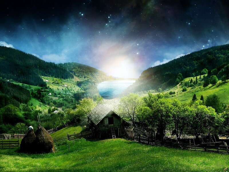 Mountain Valley Landscape — Green, Serene, Night, Digital Art