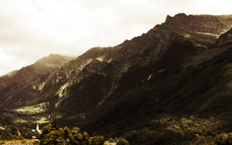 Mountain Valley Landscape — Green, Serene, Photograph, Mountains, Forest, Clouds