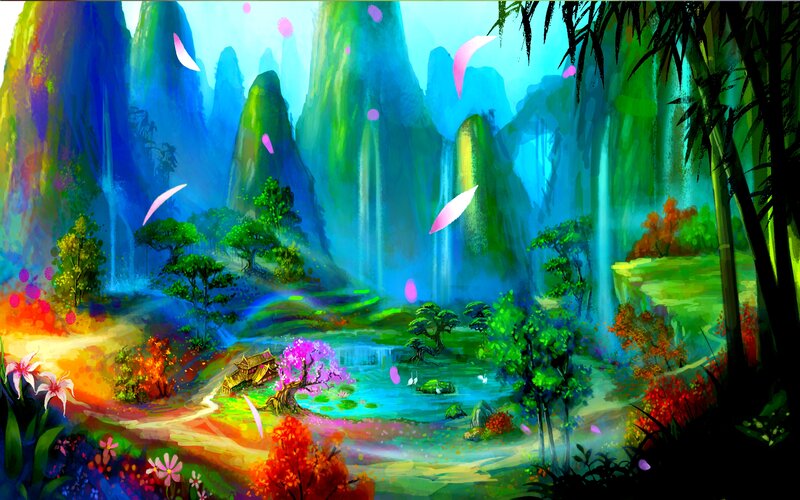 Mountain Valley Landscape — Green, Serene, Spring, Digital Art