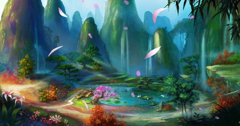 Mountain Valley Landscape — Green, Serene, Spring, Digital Art, Waterfalls