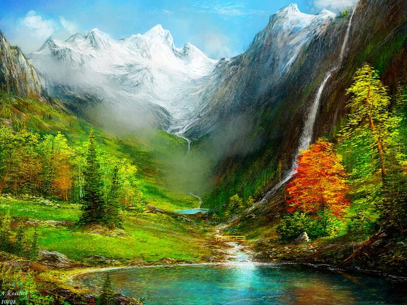 Mountain Valley Landscape — Green, Serene, Spring, Painting