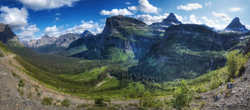 Mountain Valley Landscape — Green, Serene, Summer, Photograph, Mountains, Forest, Sky