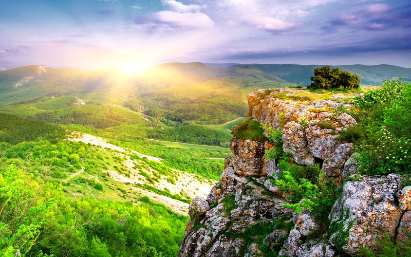 Mountain Valley Landscape — Green, Serene, Sunrise