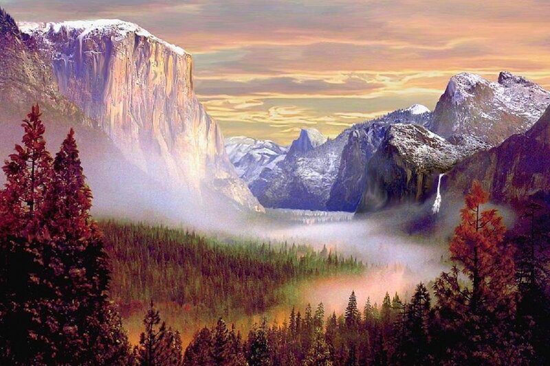 Mountain Valley Landscape — Green, Serene, Sunset, Painting