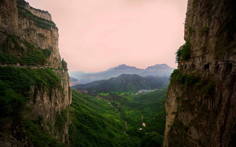 Mountain Valley Landscape — Green, Serene, Sunset, Photograph, Cliffs