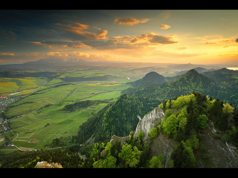 Mountain Valley Landscape — Green, Serene, Sunset, Photograph, Forest