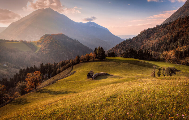 Mountain Valley Landscape — Green, Serene, Sunset, Photograph, Hills