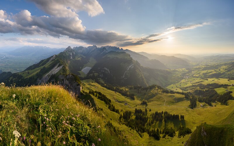 Mountain Valley Landscape — Green, Serene, Sunset, Photograph, Mountains, Clouds