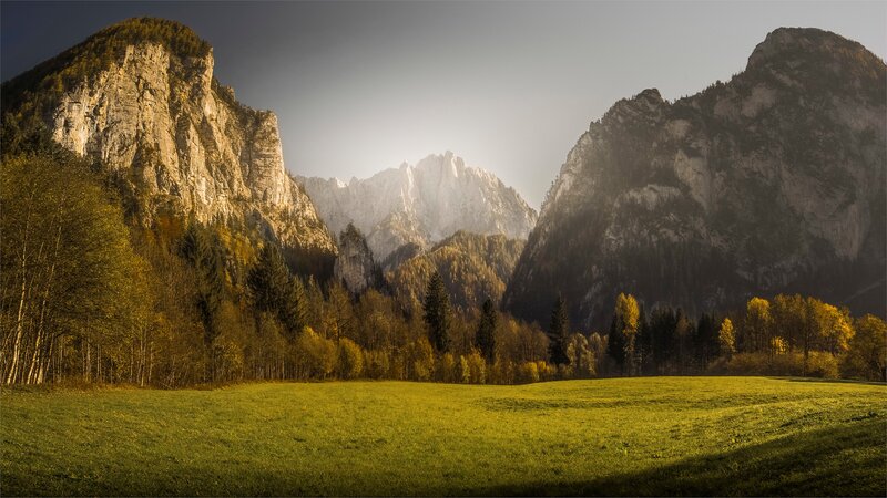 Mountain Valley Landscape — Green, Serene, Sunset, Photograph, Mountains, Forest, Field