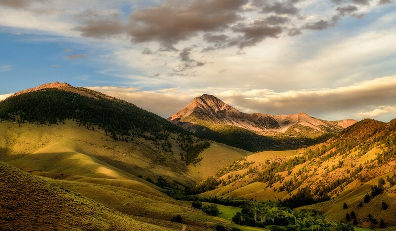 Mountain Valley Landscape — Green, Serene, Sunset, Photograph, Mountains, Hills