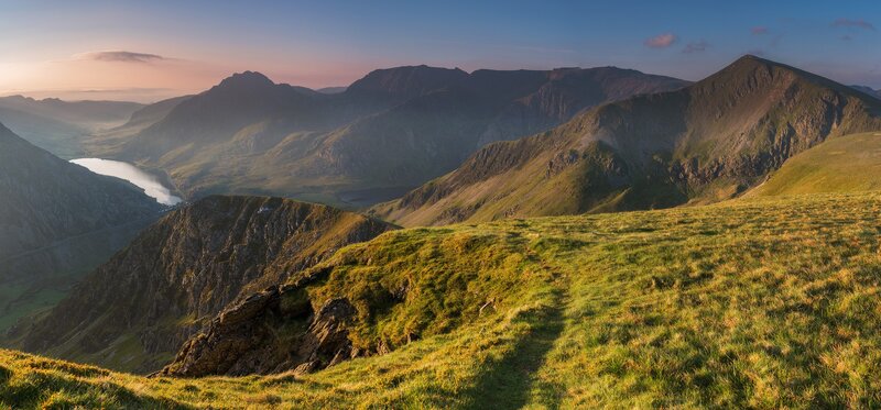 Mountain Valley Landscape — Green, Serene, Sunset, Photograph, Mountains, Lake