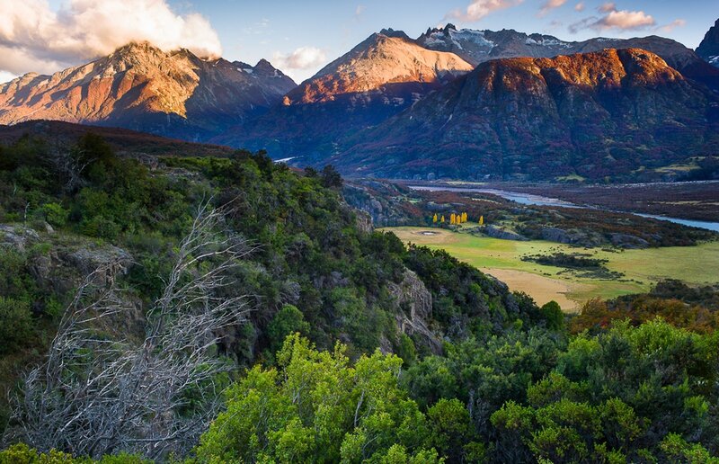 Mountain Valley Landscape — Green, Serene, Sunset, Photograph, Mountains, River