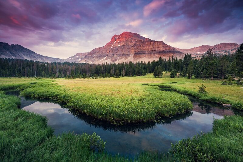 Mountain Valley Landscape — Green, Serene, Sunset, Photograph, River
