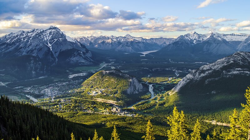 Mountain Valley Landscape — Green, Snow-capped Mountains