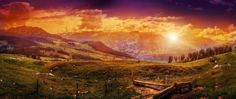 Mountain Valley Landscape — Orange, Dramatic, Sunset