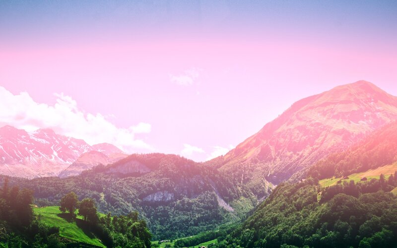 Mountain Valley Landscape — Pink, Serene, Sunset