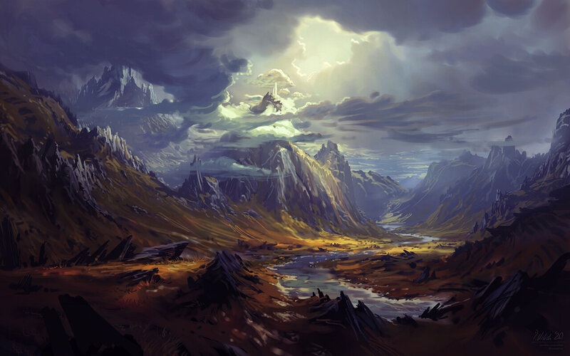 Mountain Valley Landscape — Purple, Dramatic, Sunset, Digital Art