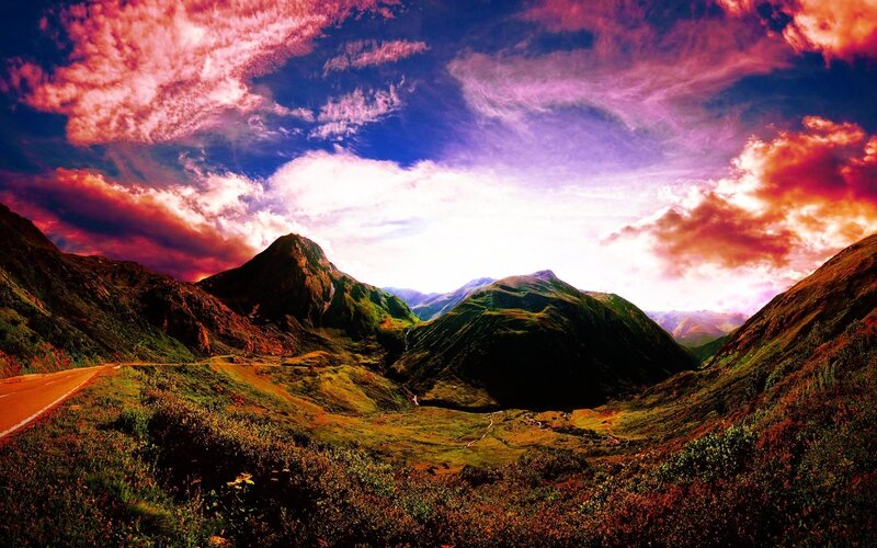 Mountain Valley Landscape — Purple, Dramatic, Sunset, Photograph, Road