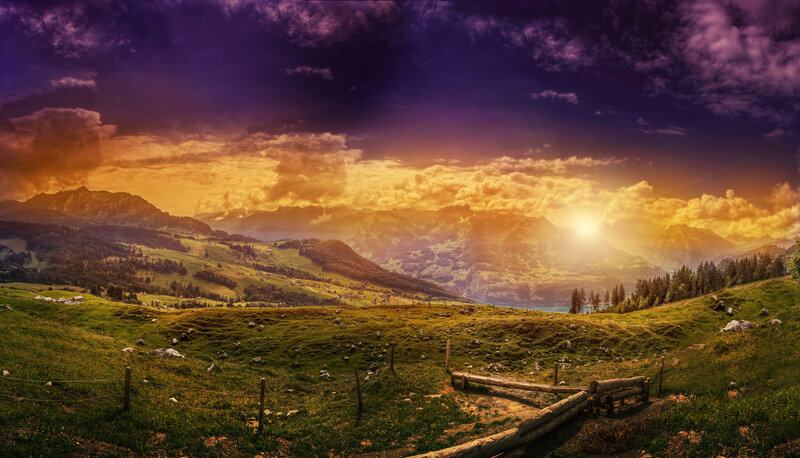Mountain Valley Landscape — Purple, Dramatic, Sunset