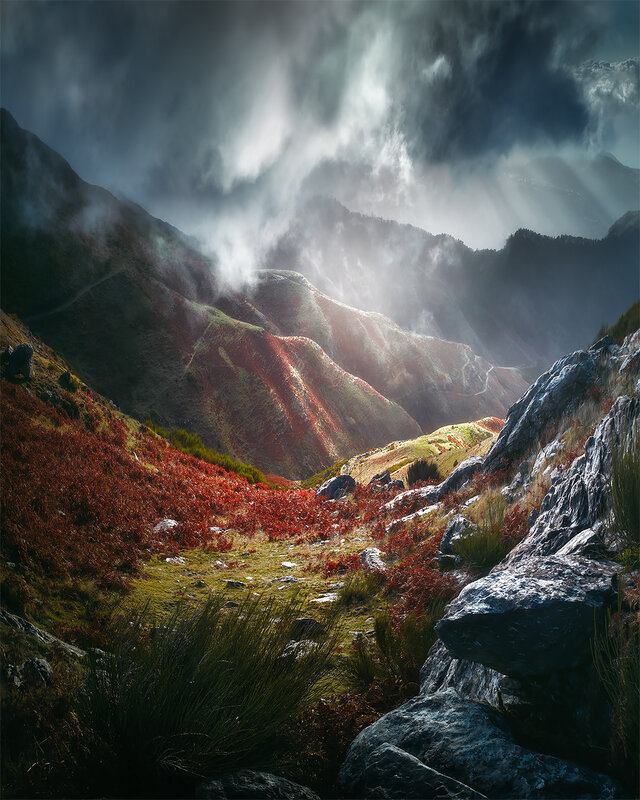 Mountain Valley Landscape — Red, Dramatic, Afternoon