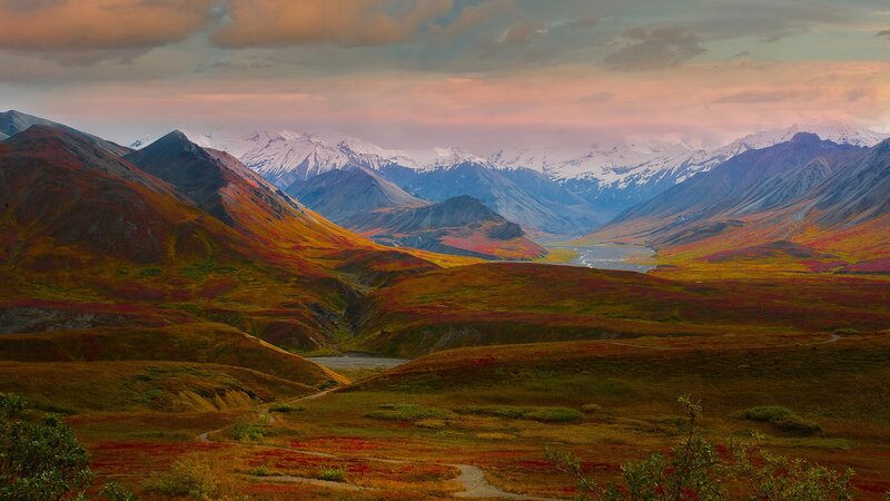 Mountain Valley Landscape — Red, Serene