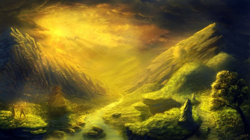 Mountain Valley Landscape — Yellow, Dramatic, Sunrise