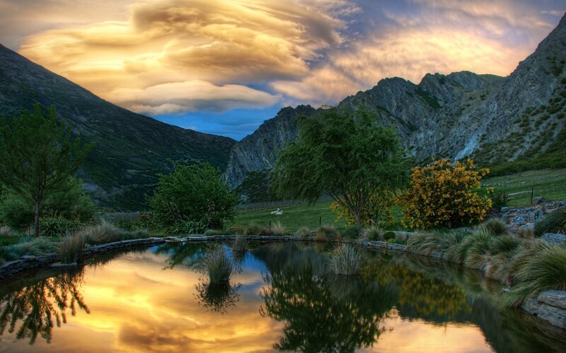 Mountain Valley Pond — Yellow, Serene, Sunset, Photograph