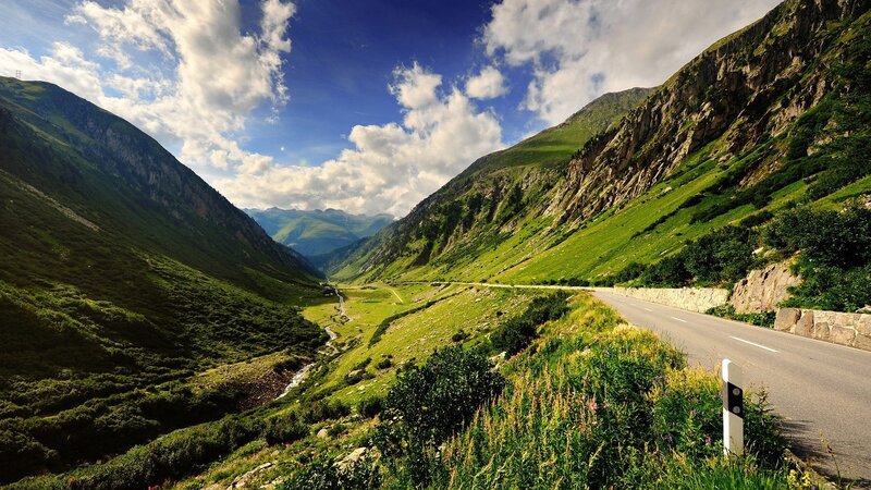 Mountain Valley Road — Green, Serene, Afternoon, Photograph, River, Clouds