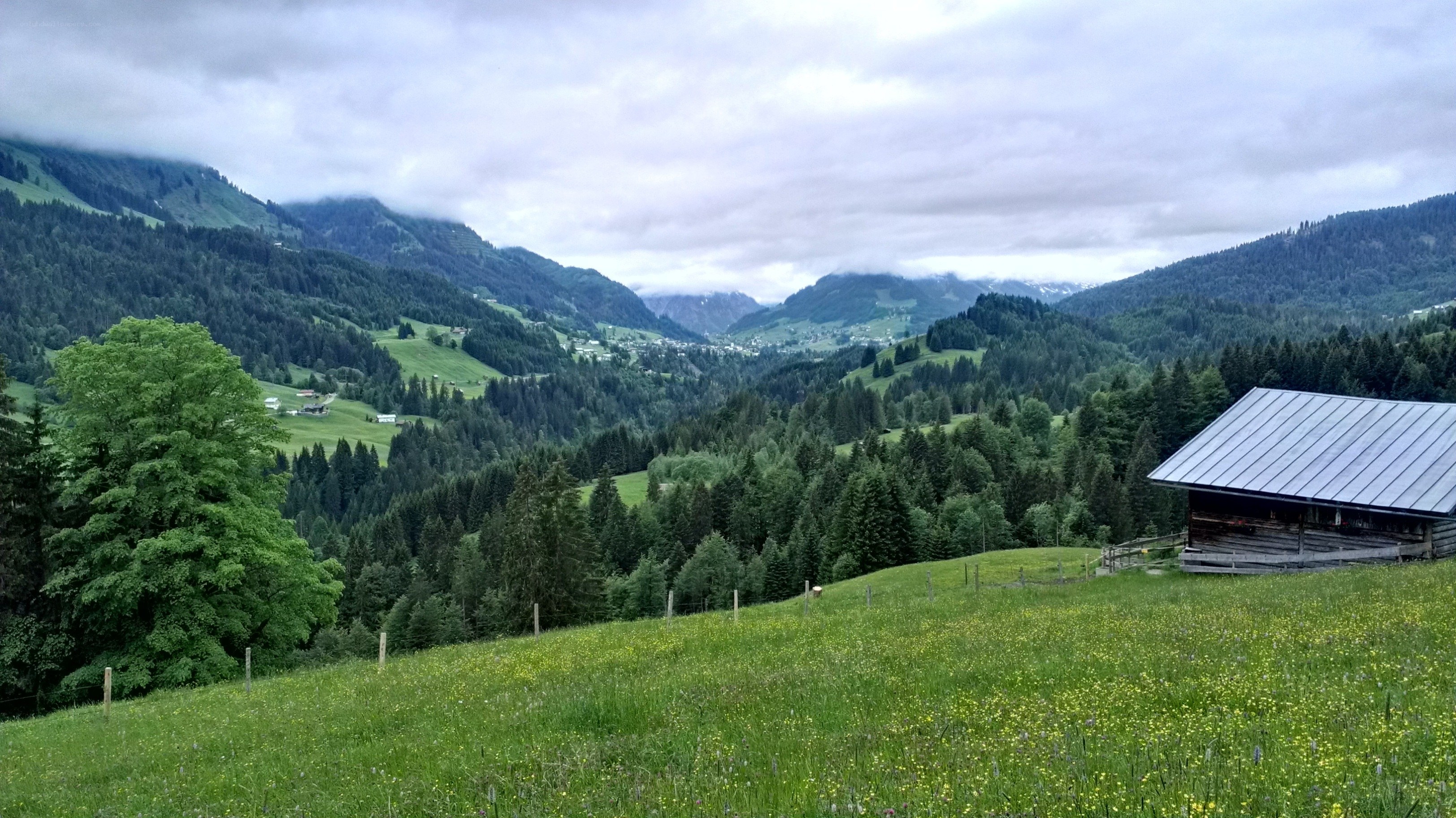 Mountain valley with alpine hut