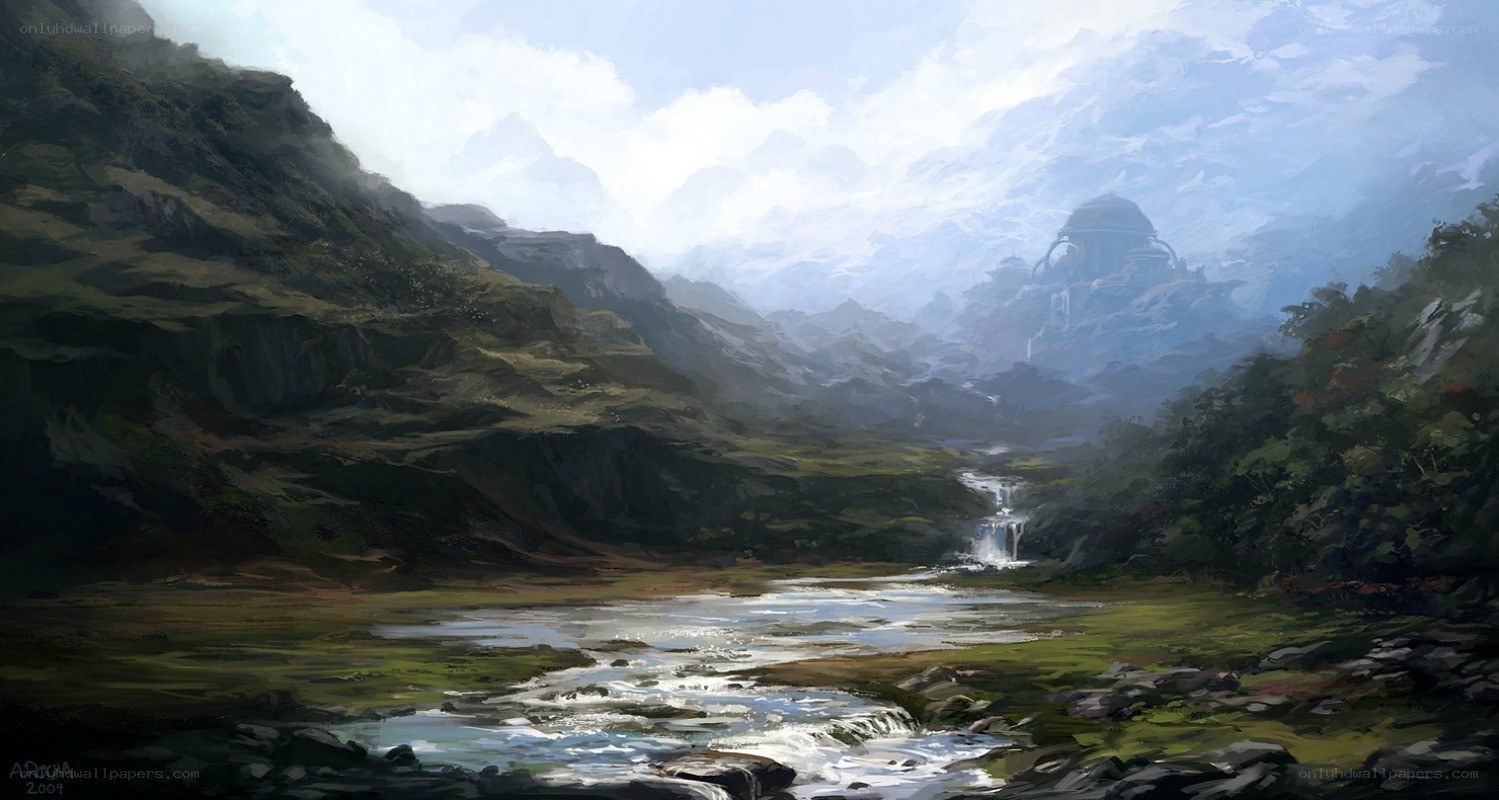 Mountain valley with ancient ruin