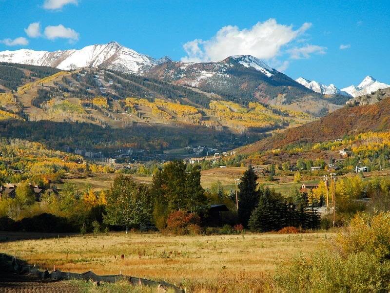 Mountain Valley with Autumn Trees — Blue, Serene, Photograph, Snow-capped Mountains