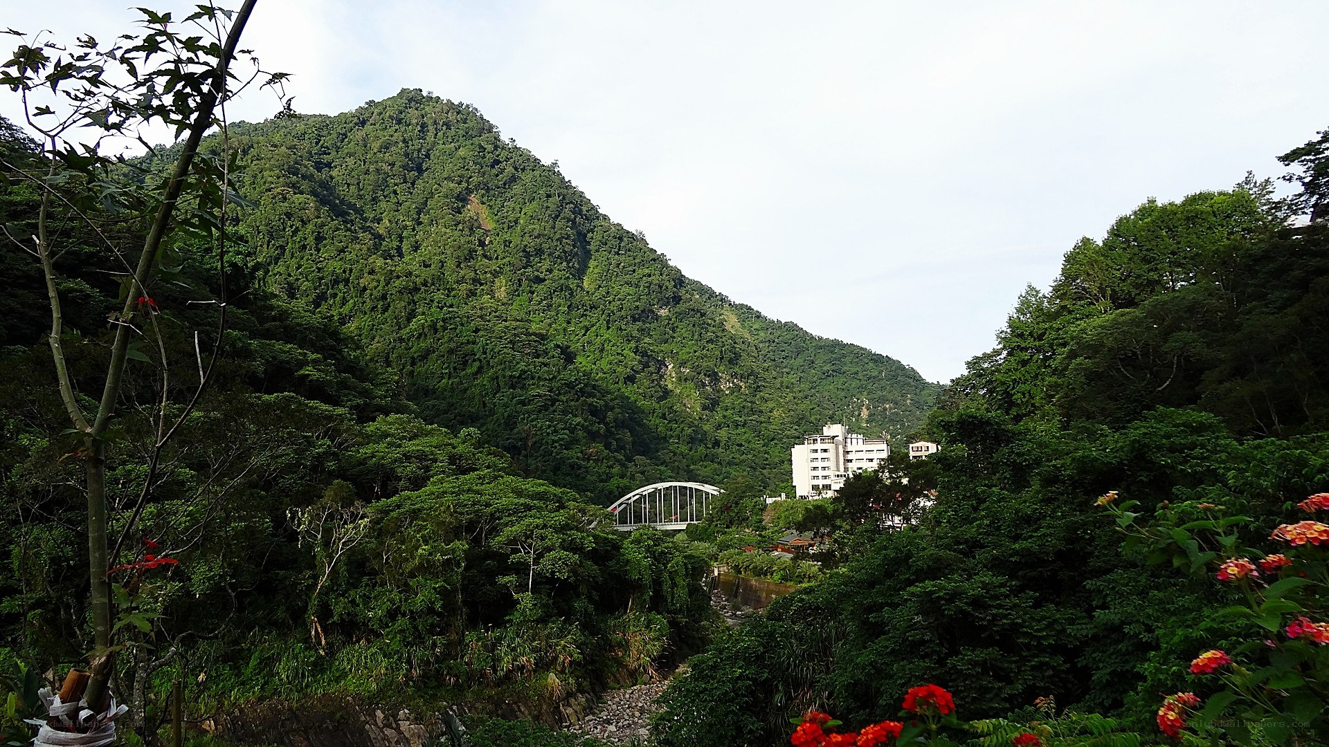 Mountain valley with bridge and building