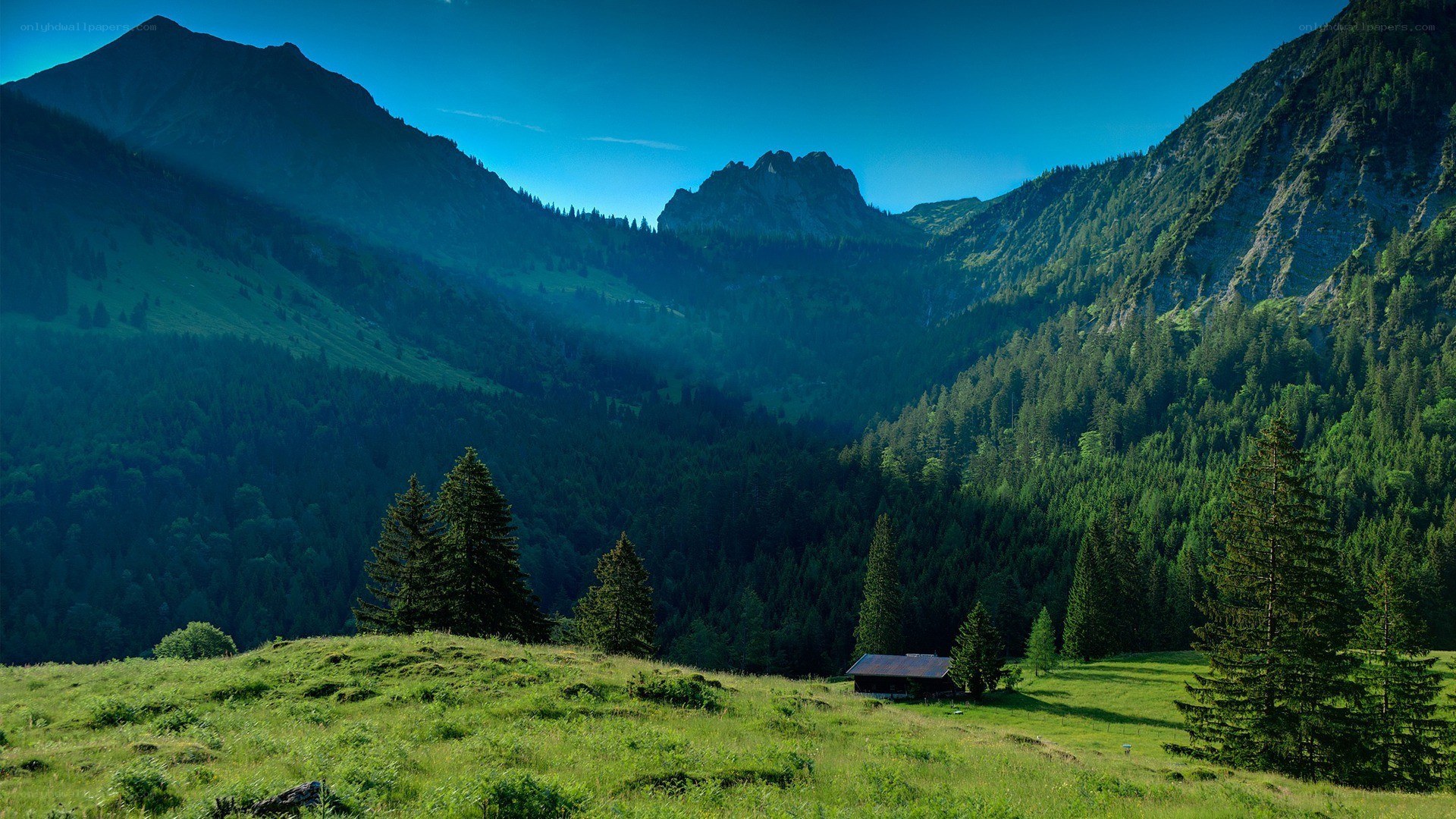 Mountain valley with cabin