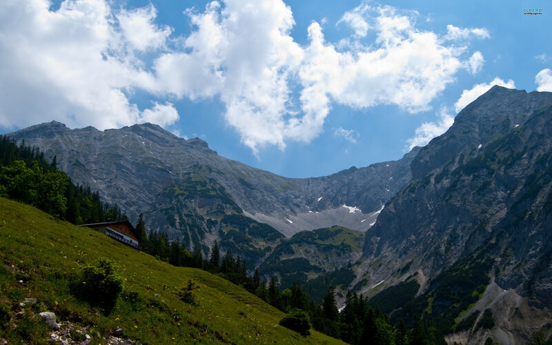 Mountain Valley with Cabin — Green, Serene