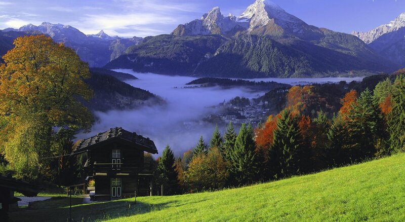 Mountain Valley with Cabin — Green