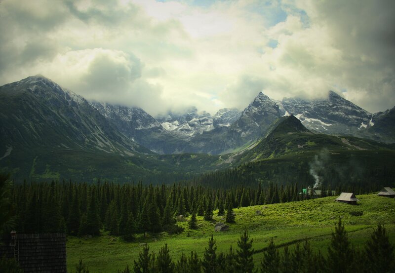 Mountain valley with cabins