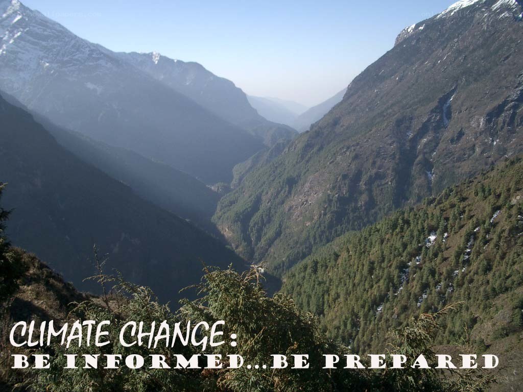 Mountain valley with climate change message