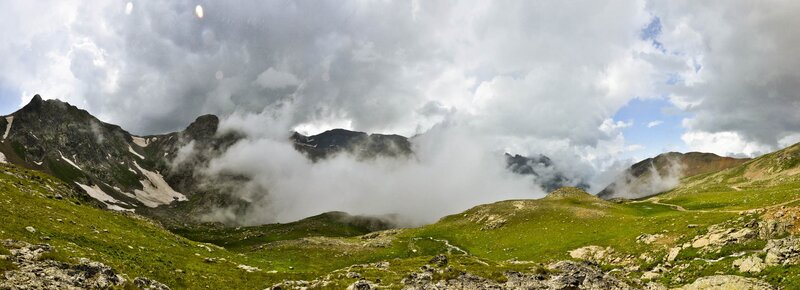 Mountain Valley with Clouds — Green, Dramatic, Afternoon