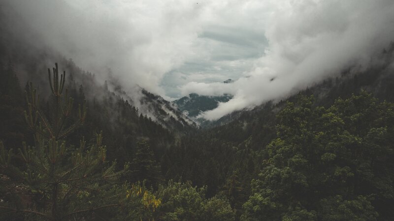 Mountain Valley with Clouds — Green, Misty