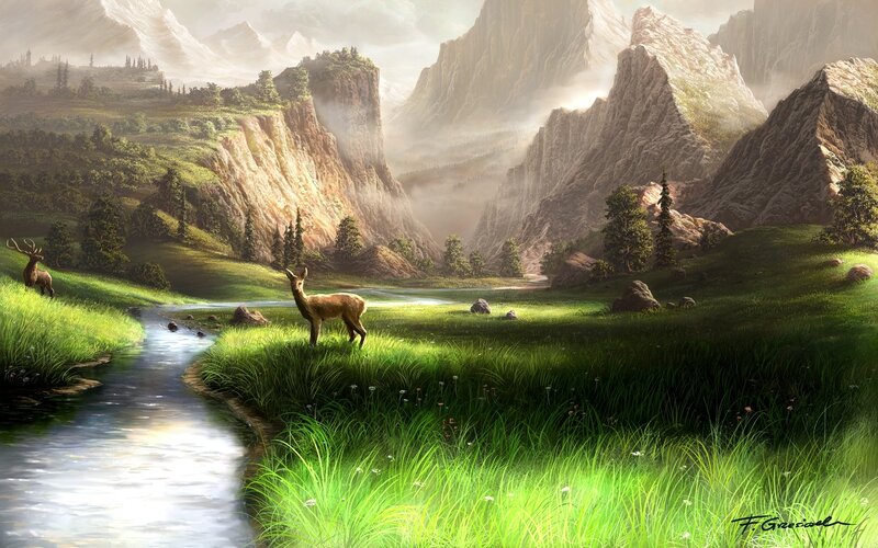 Mountain valley with deer