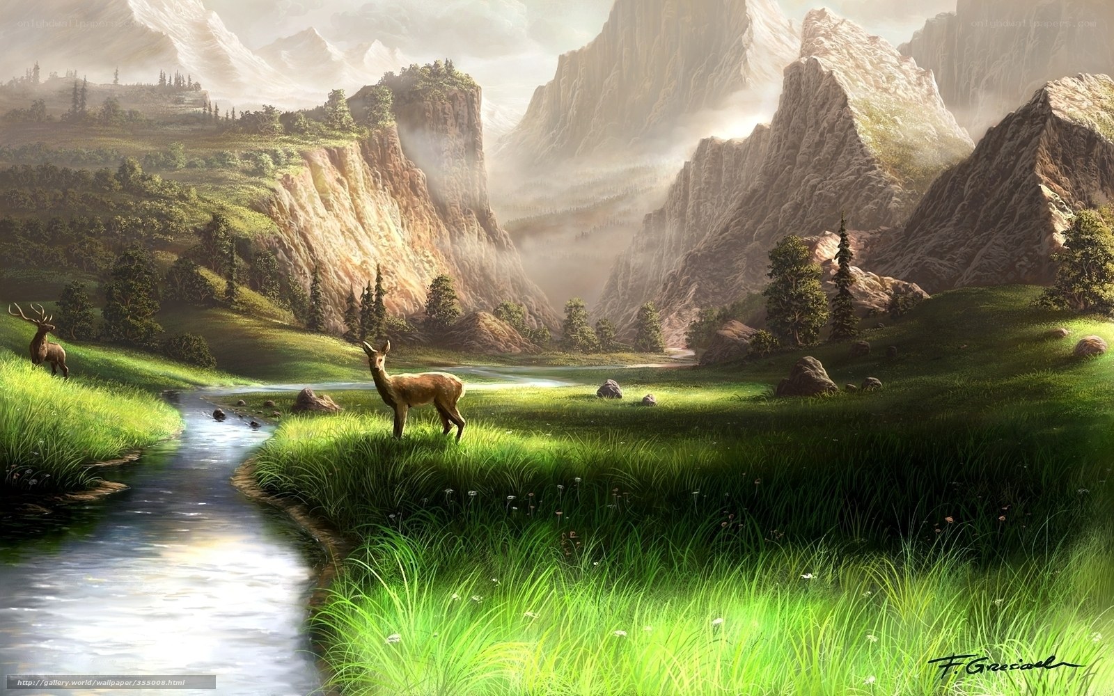 Mountain valley with deer
