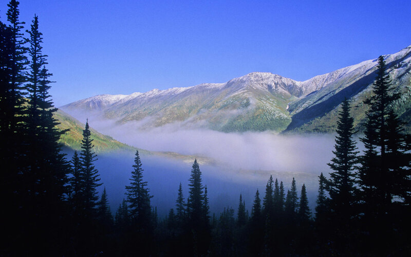 Mountain valley with fog and snow