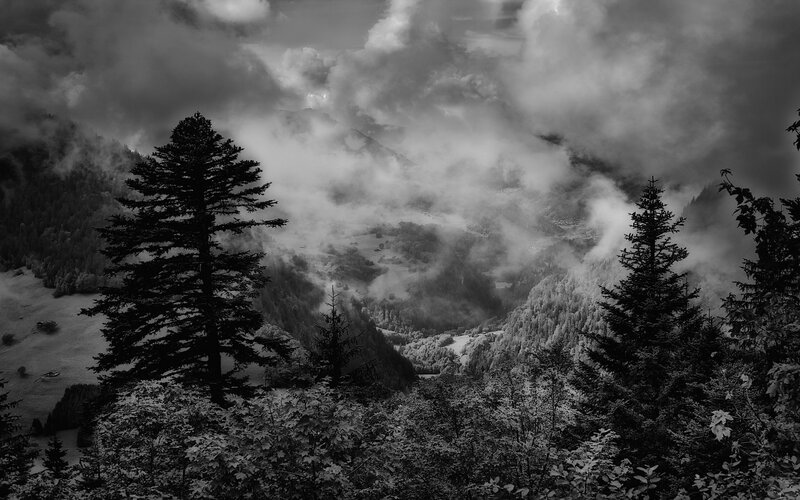 Mountain Valley with Fog — Black