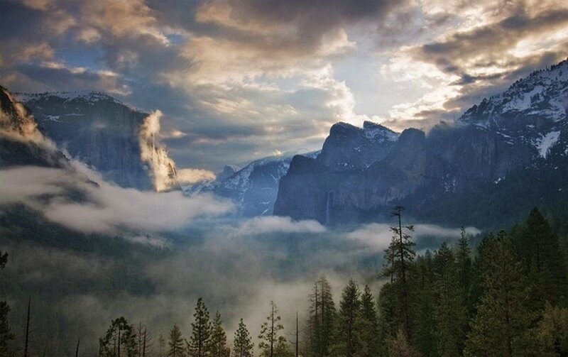 Mountain Valley with Fog — Blue, Dramatic