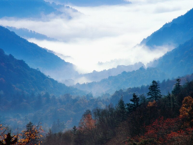 Mountain Valley with Fog — Blue, Serene, Autumn