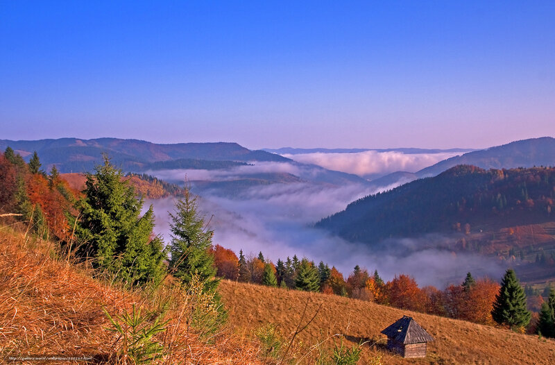 Mountain Valley with Fog — Blue, Serene, Morning, Photograph