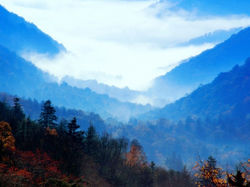 Mountain Valley with Fog — Blue