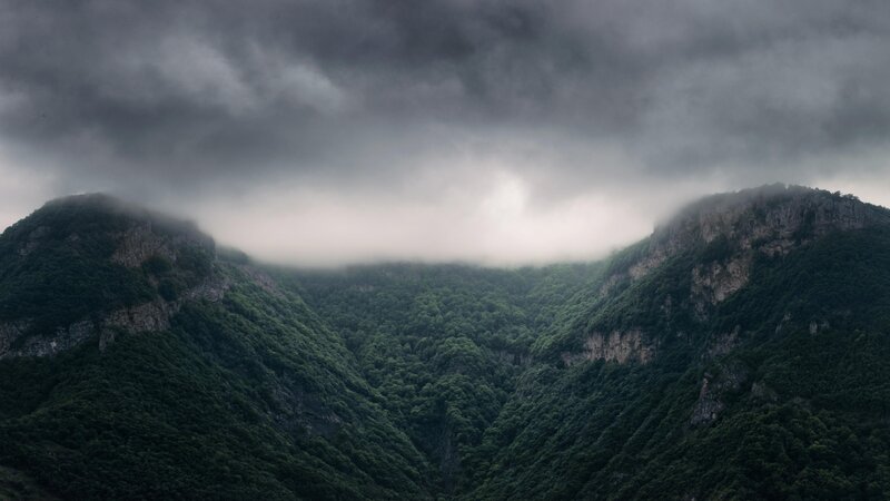 Mountain Valley with Fog — Green, Dramatic