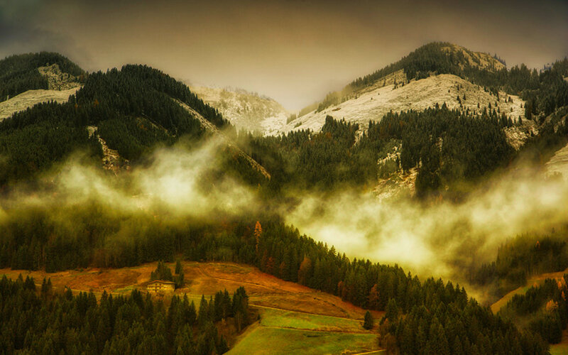Mountain Valley with Fog — Green, Misty